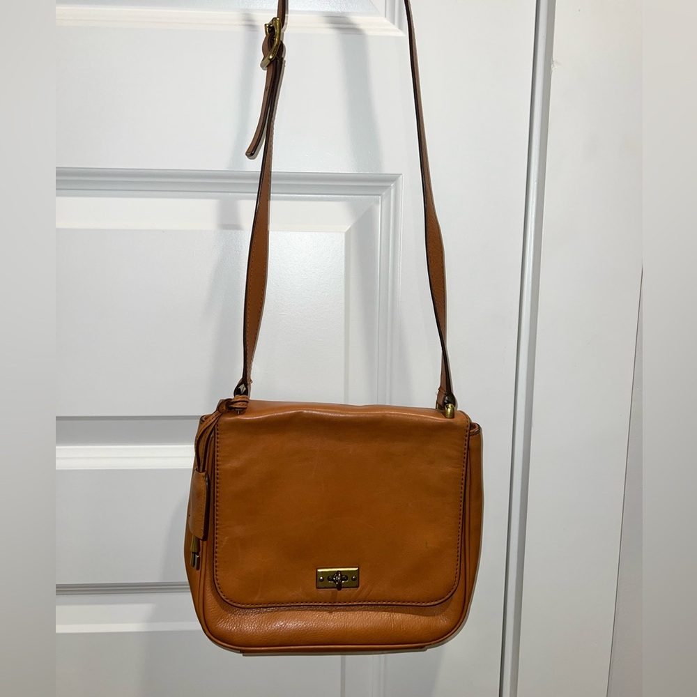 Small Fossil Tan Leather Crossbody Bag